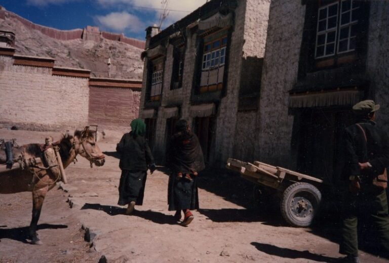 typical unpaved tibet street with horse and women in traditional dress